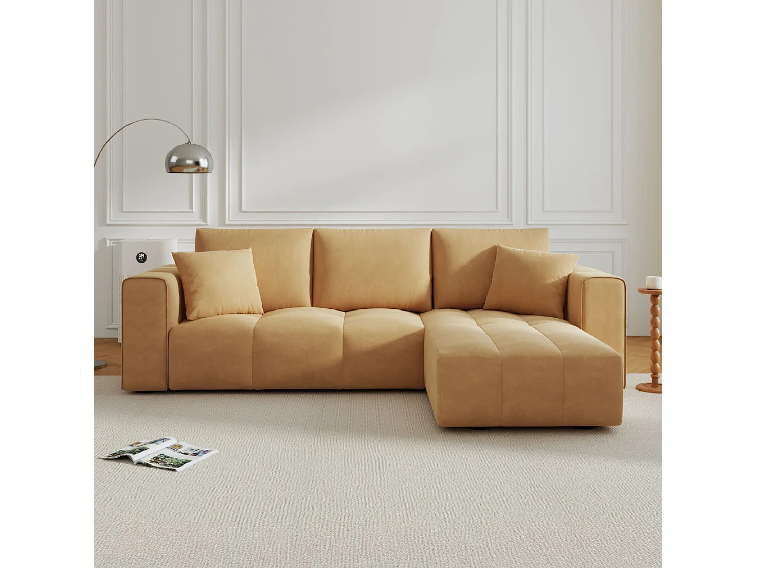 Canapé d'angle convertible 4 places avec coffre en velours jaune BRIGHTON