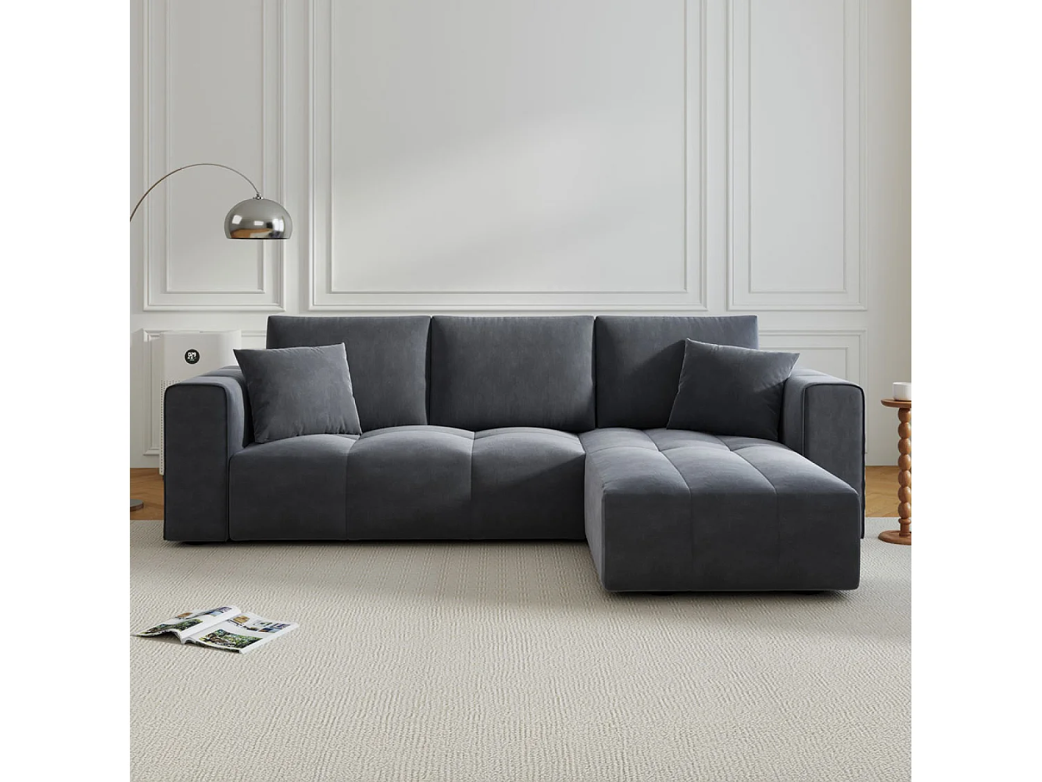 Canapé d'angle convertible 4 places avec coffre en velours gris anthracite BRIGHTON