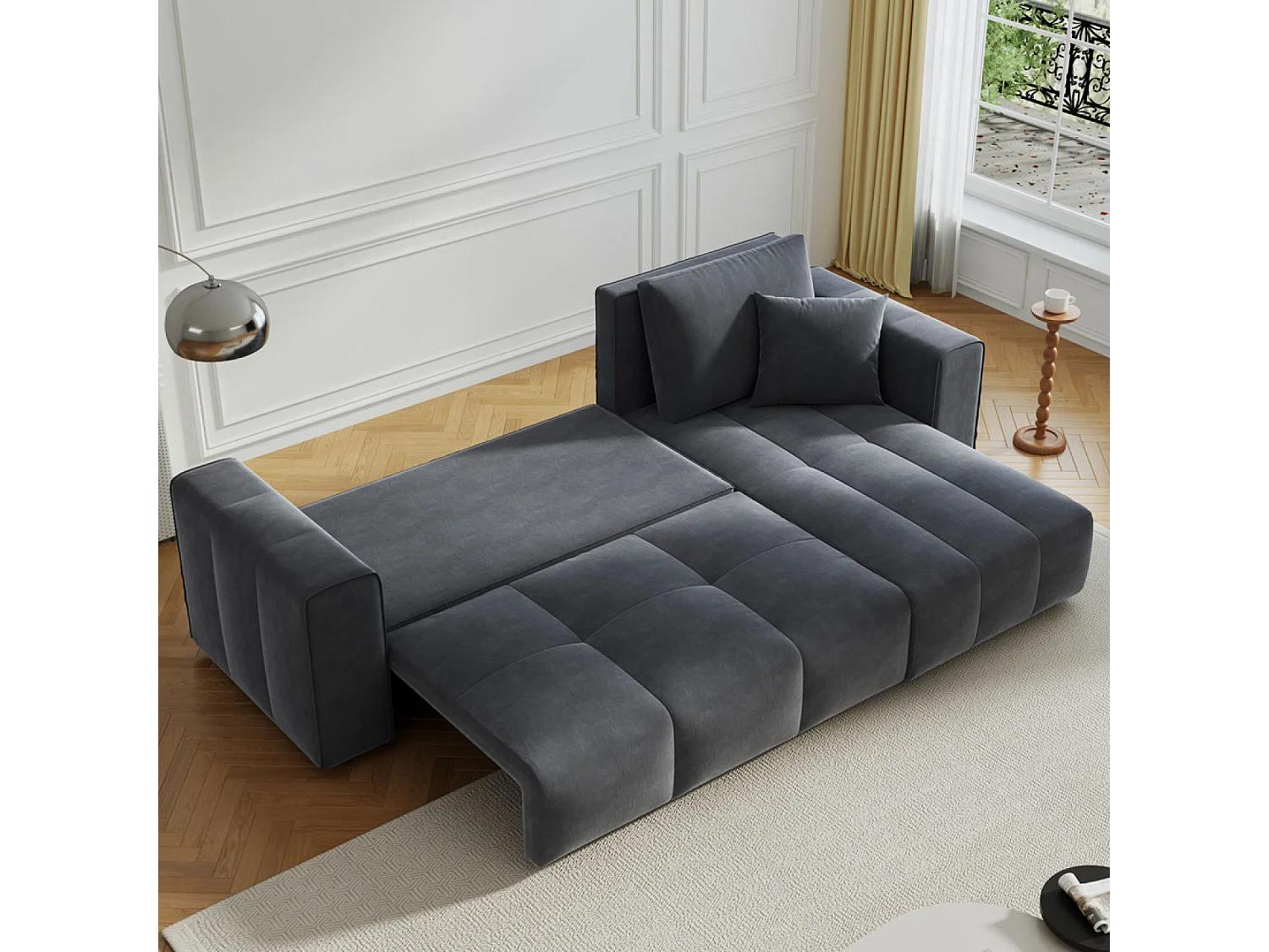 Canapé d'angle convertible 4 places avec coffre en velours gris anthracite BRIGHTON