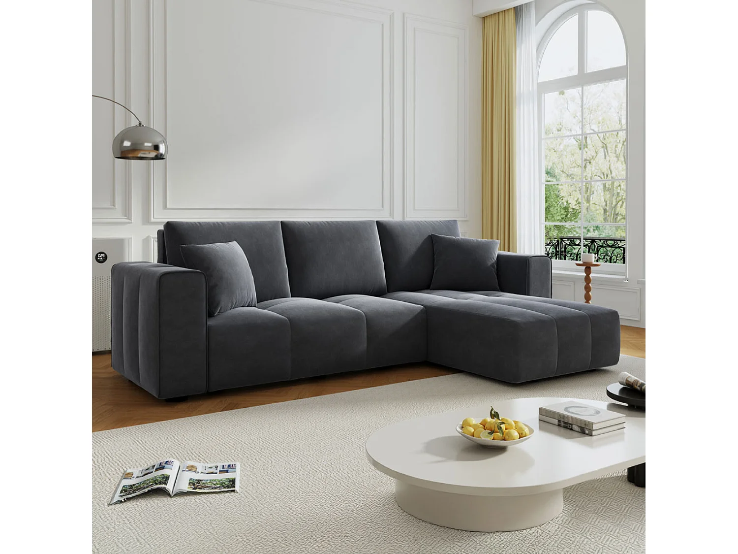 Canapé d'angle convertible 4 places avec coffre en velours gris anthracite BRIGHTON