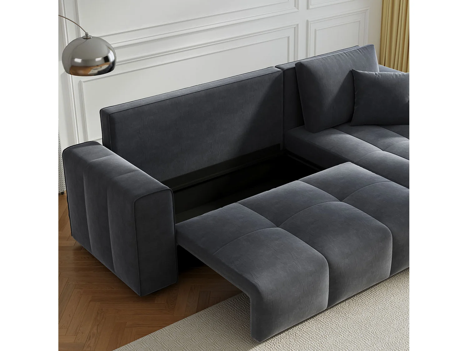 Canapé d'angle convertible 4 places avec coffre en velours gris anthracite BRIGHTON