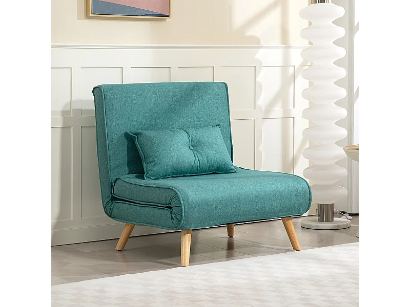 Fauteuil convertible style nordique - fauteuil lit chaise longue 3 en 1 - dossier inclinable - bois tissu turquoise