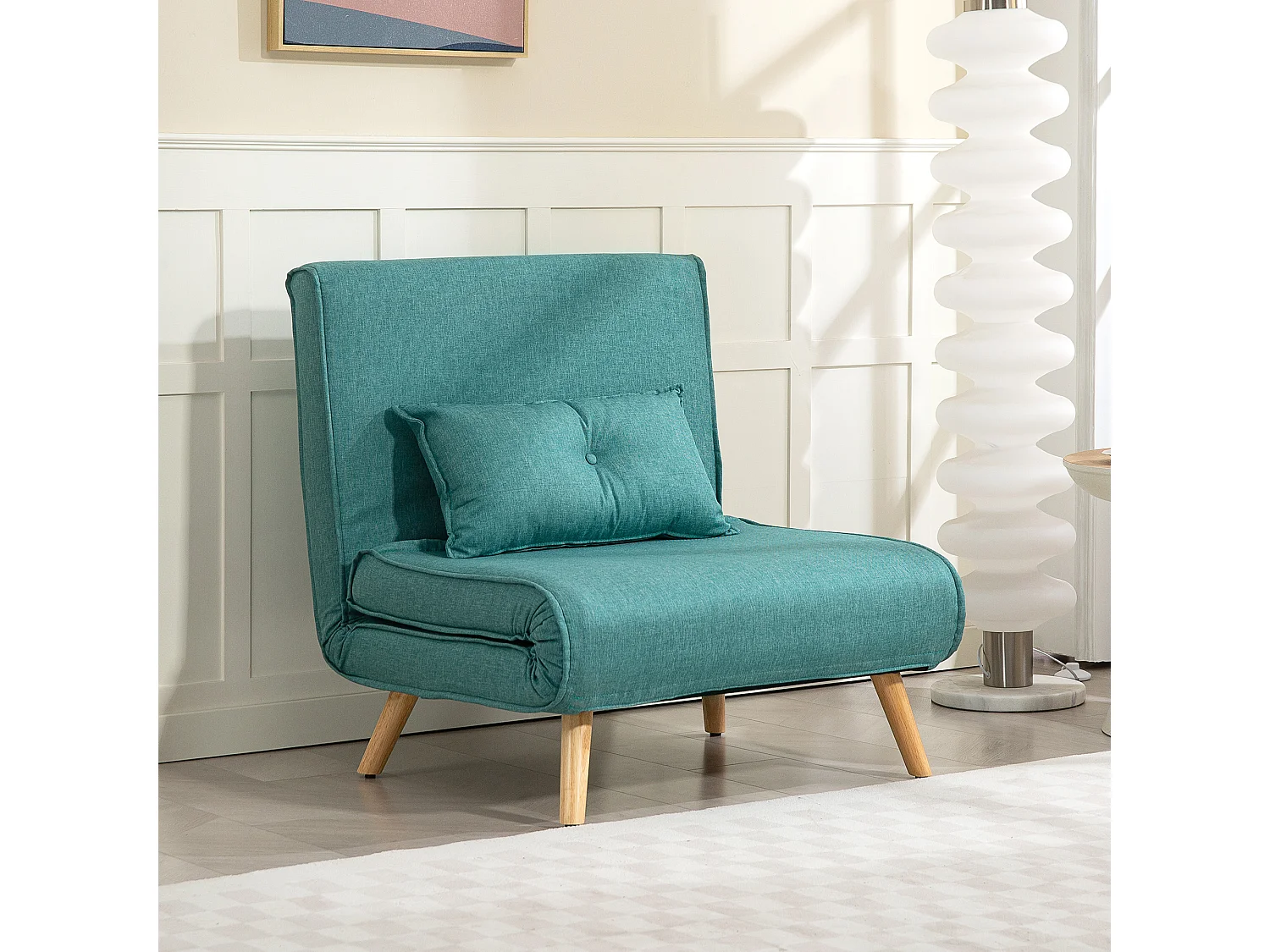 Fauteuil convertible style nordique - fauteuil lit chaise longue 3 en 1 - dossier inclinable - bois tissu turquoise