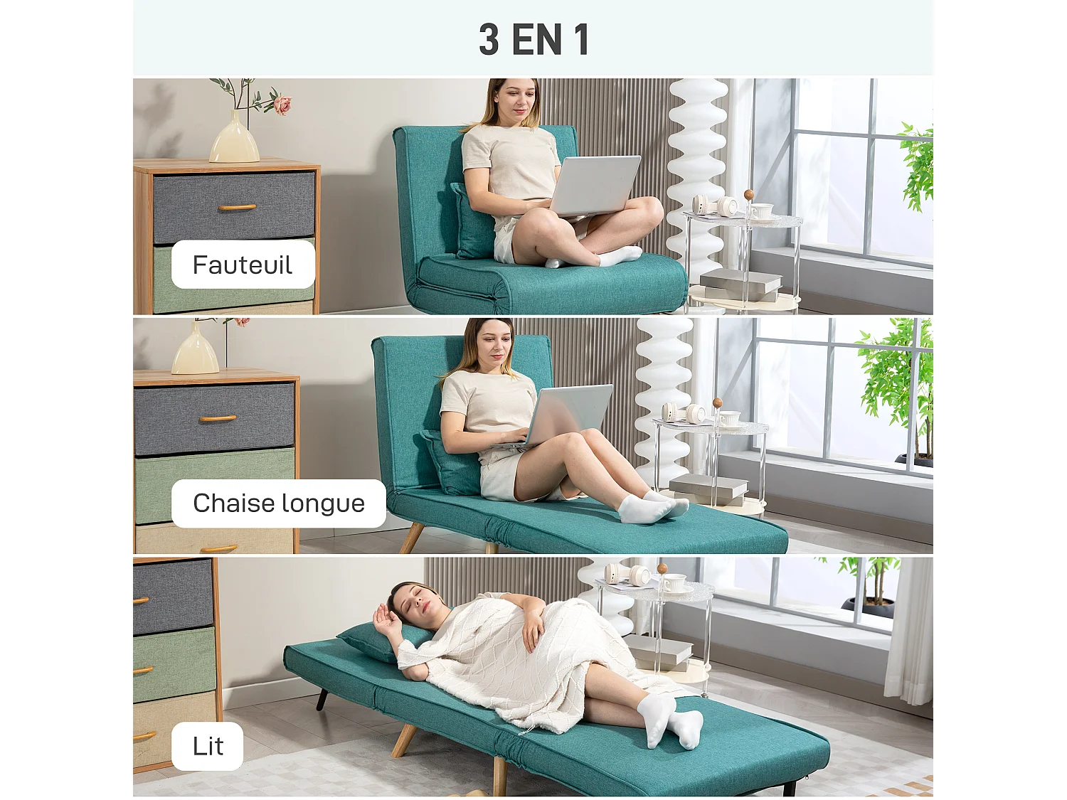 Fauteuil convertible style nordique - fauteuil lit chaise longue 3 en 1 - dossier inclinable - bois tissu turquoise