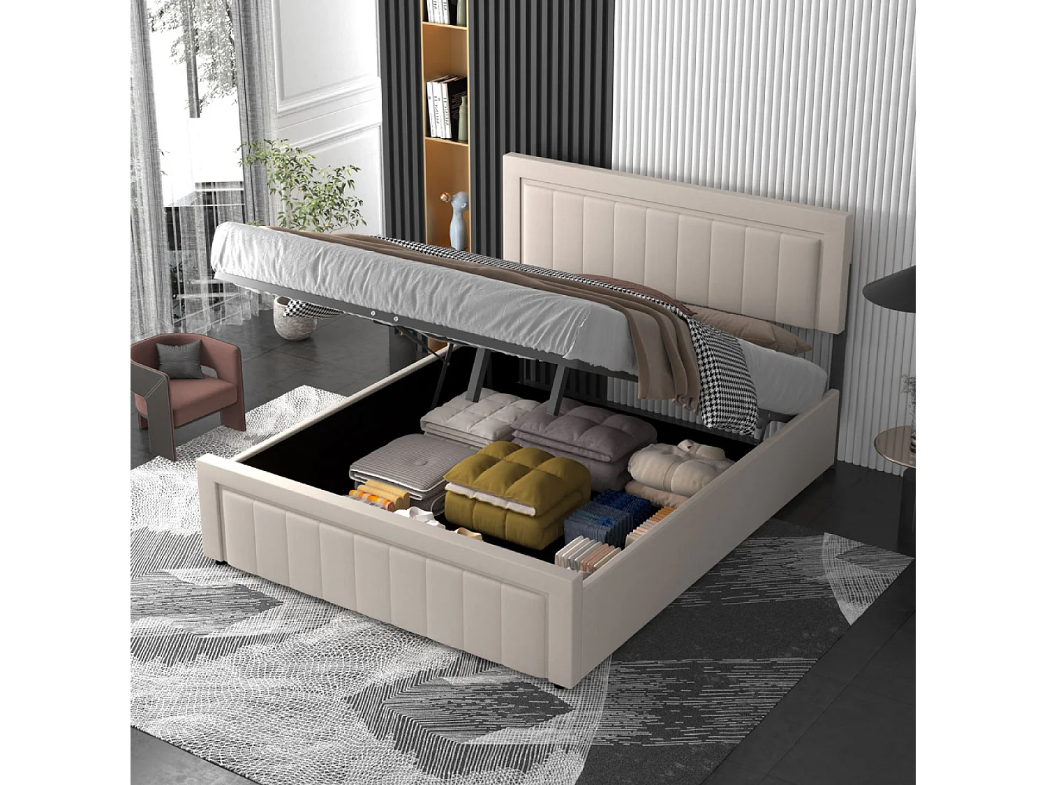 Lit contemporain avec coffre de rangement 140x190cm en velours beige NASHVILLE