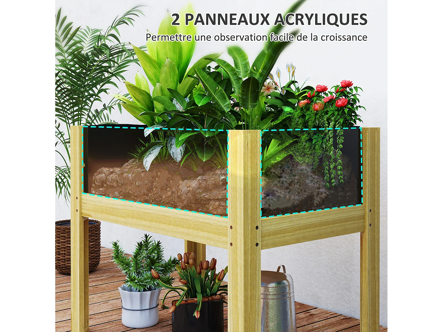 Jardinière sur pied design 2 panneaux acryliques transparents - inserts irrigation, feutre drainage inclus - bois sapin pré-huilé