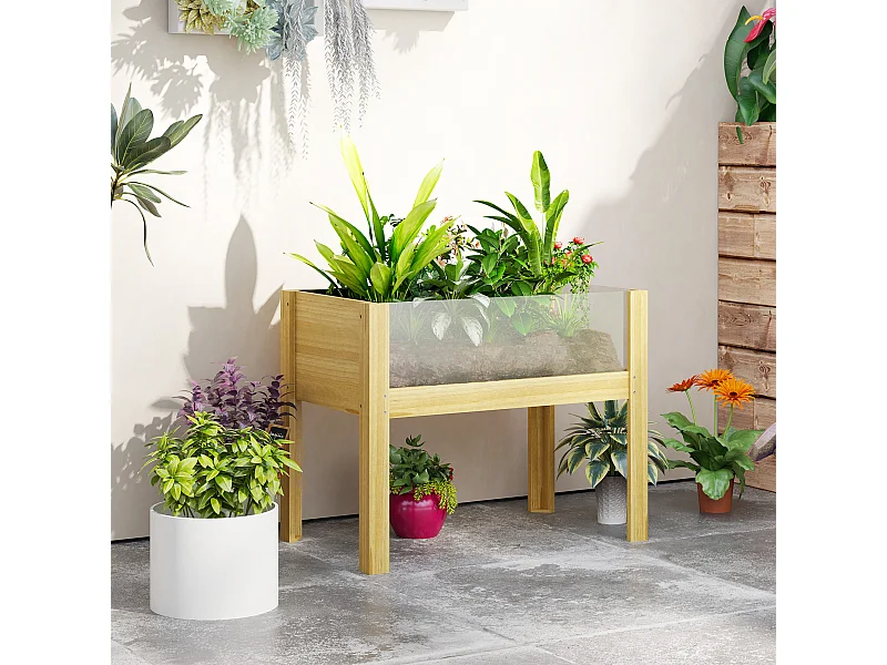 Jardinière sur pied design 2 panneaux acryliques transparents - inserts irrigation, feutre drainage inclus - bois sapin pré-huilé