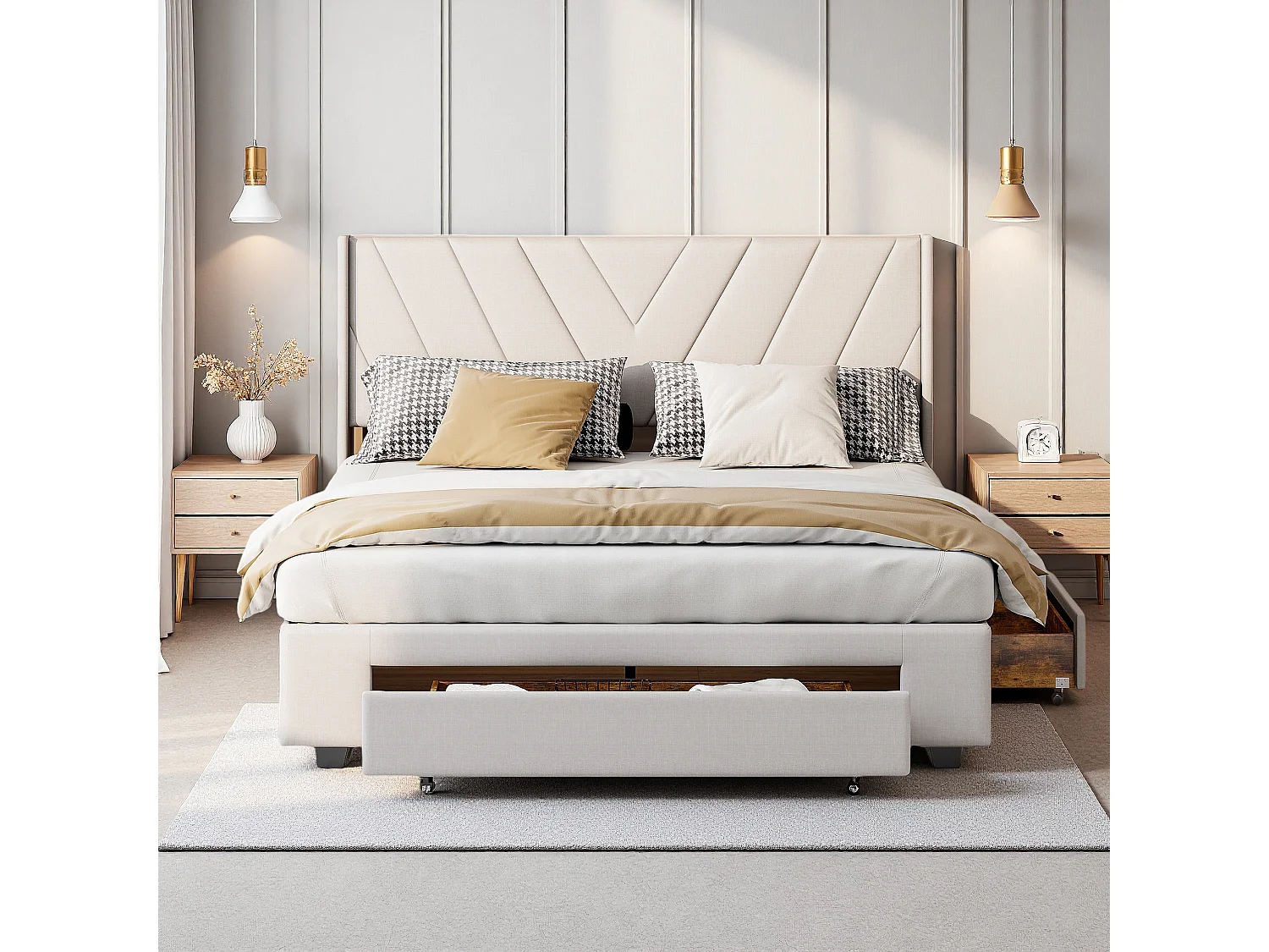 Lit double 160x200 avec tiroirs, Grand lit avec rangement, Lit couple avec sommier, Structure métal-bois, Tête de lit design en tissu lin beige, Maxi gain de place