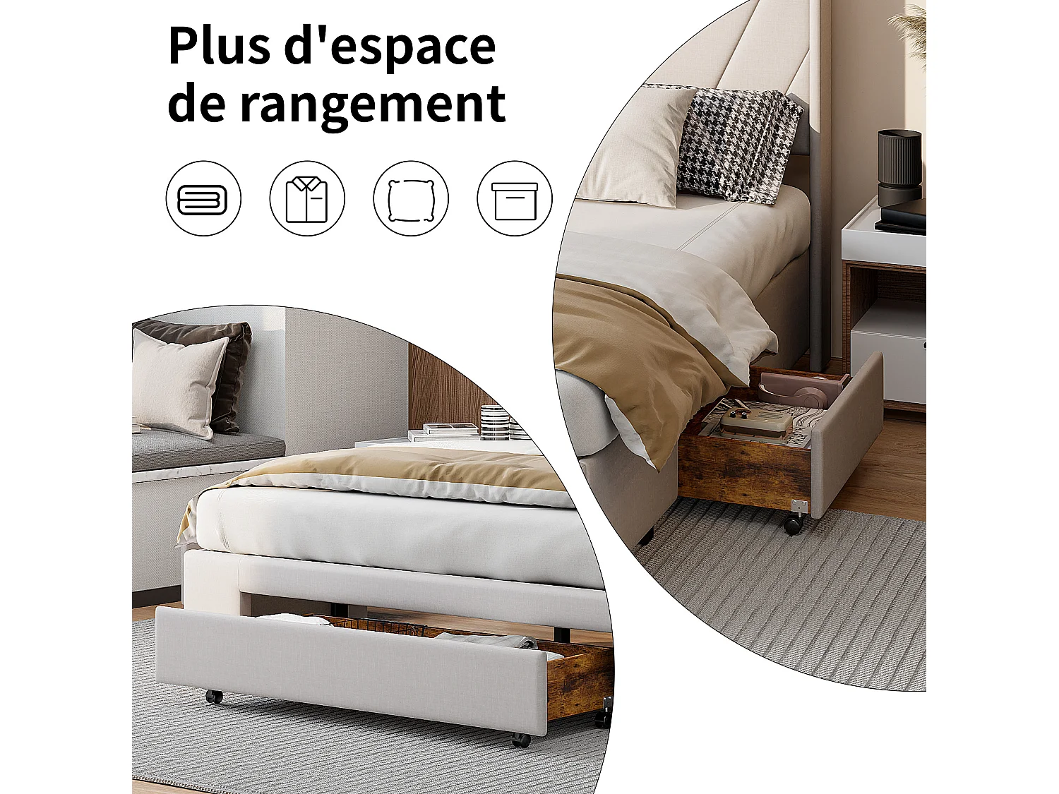 Lit double 160x200 avec tiroirs, Grand lit avec rangement, Lit couple avec sommier, Structure métal-bois, Tête de lit design en tissu lin beige, Maxi gain de place