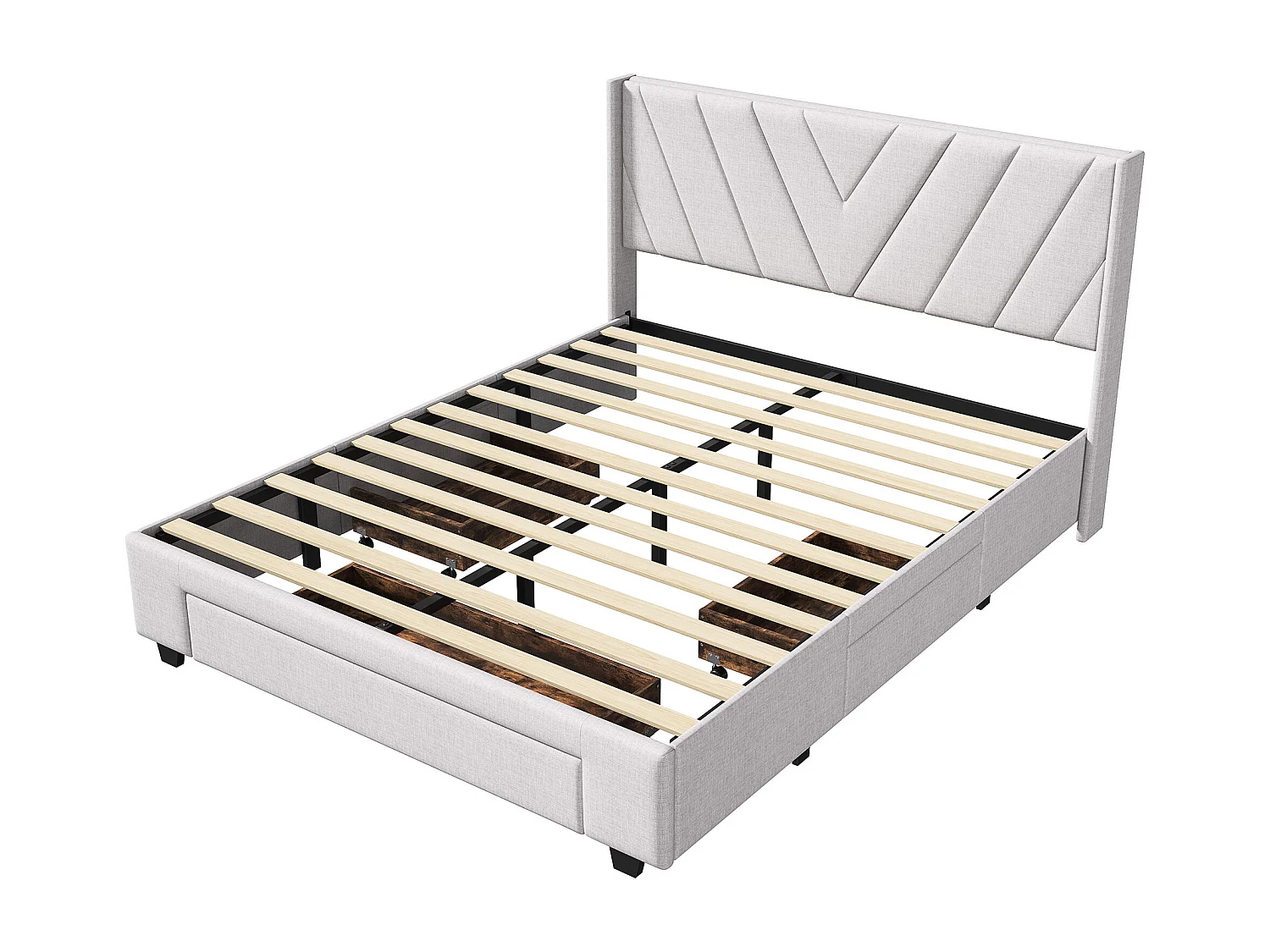 Lit double 160x200 avec tiroirs, Grand lit avec rangement, Lit couple avec sommier, Structure métal-bois, Tête de lit design en tissu lin beige, Maxi gain de place