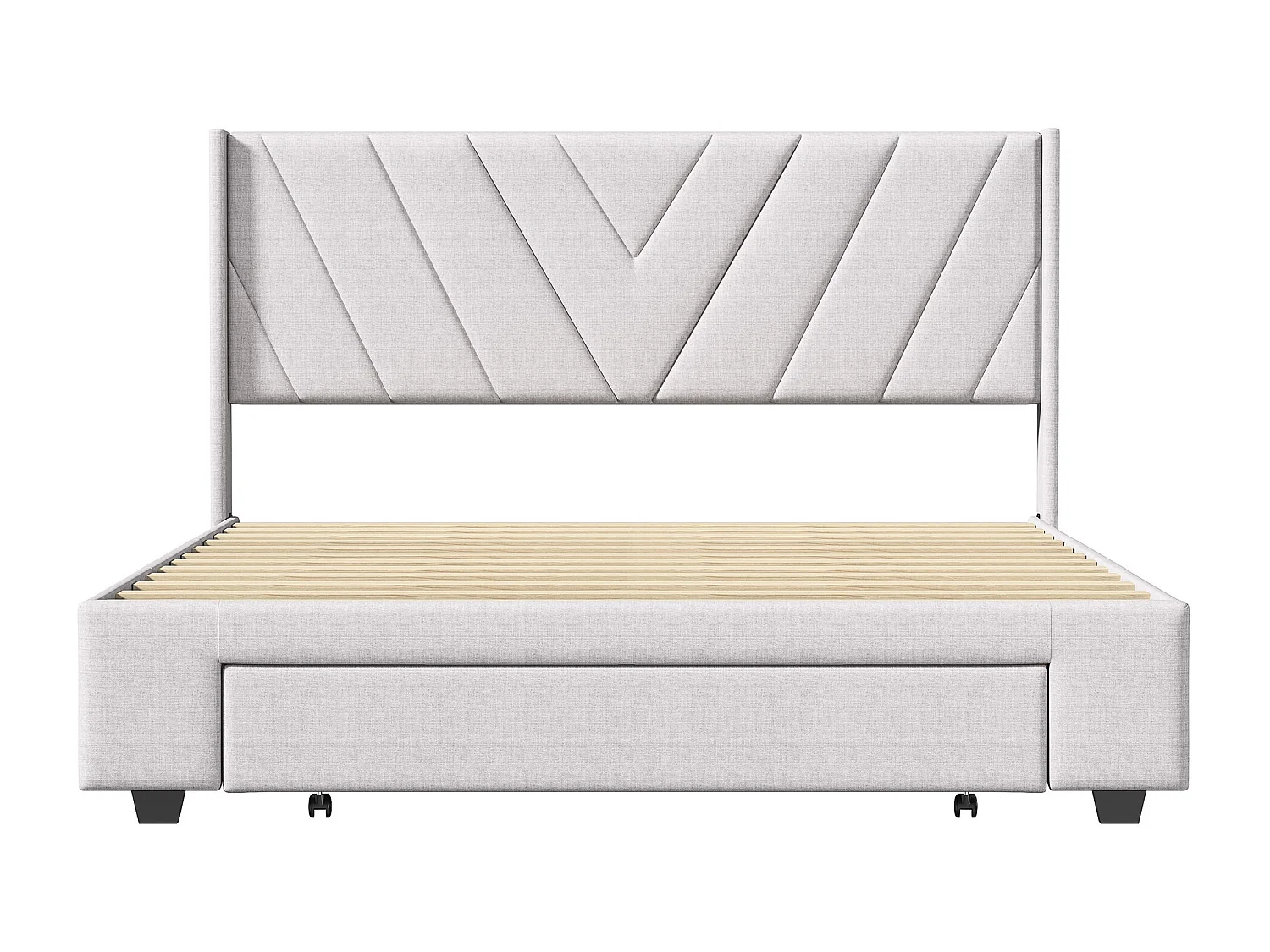 Lit double 160x200 avec tiroirs, Grand lit avec rangement, Lit couple avec sommier, Structure métal-bois, Tête de lit design en tissu lin beige, Maxi gain de place