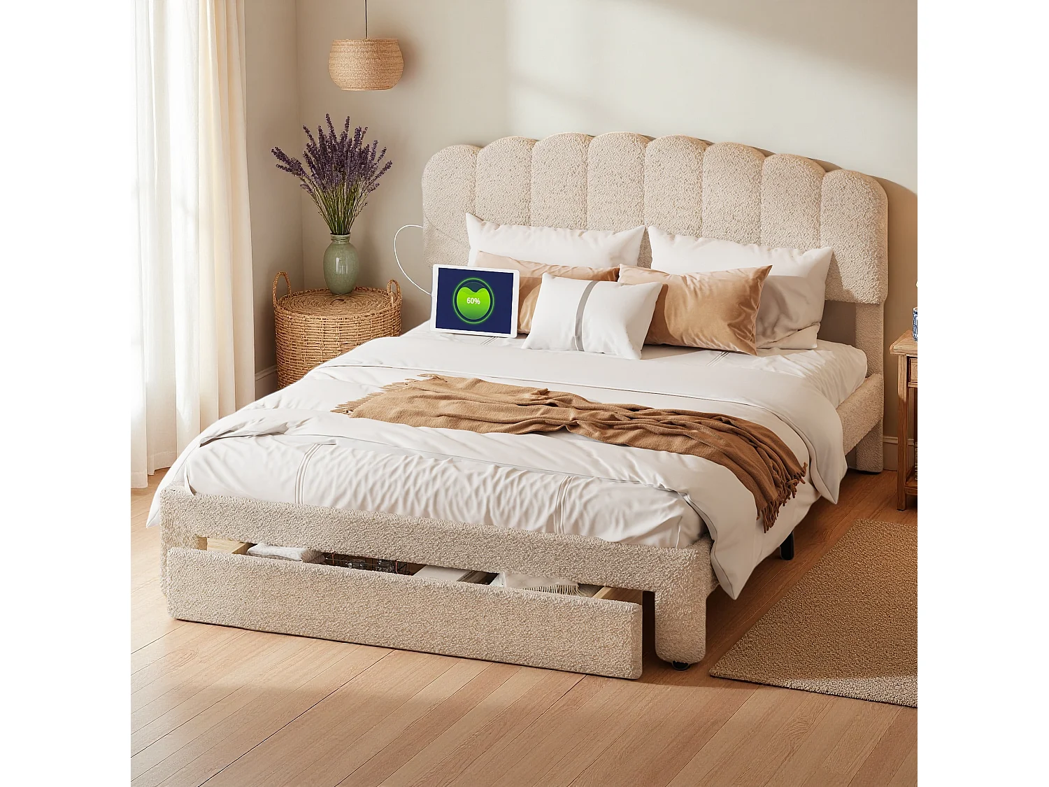 Lit Double 160x200 avec Tiroir, Tête de Lit Velours Teddy Réglable, Charge USB/Type-C, Grand Modèle Confortable