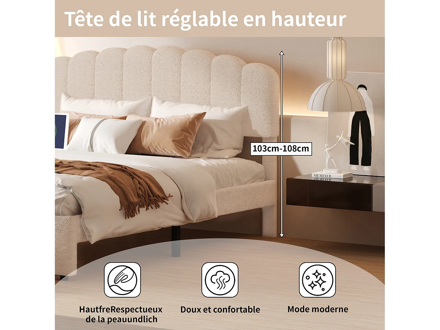 Lit Double 160x200 avec Tiroir, Tête de Lit Velours Teddy Réglable, Charge USB/Type-C, Grand Modèle Confortable