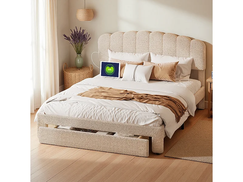 Lit Double 160x200 avec Tiroir, Tête de Lit Velours Teddy Réglable, Charge USB/Type-C, Grand Modèle Confortable