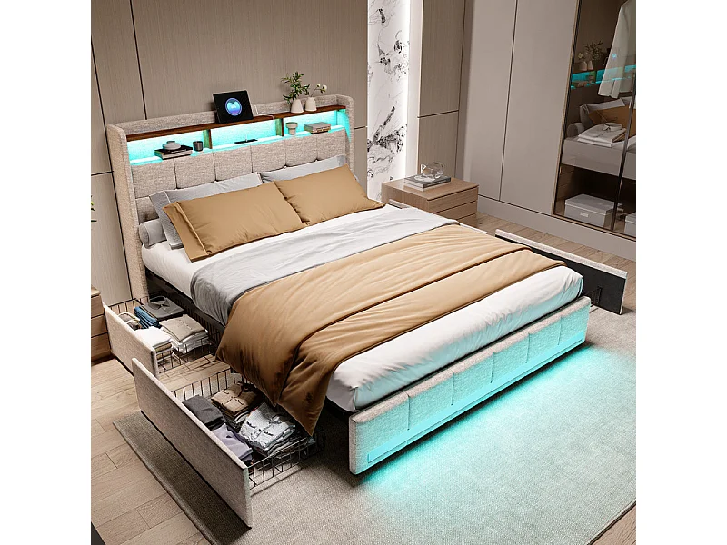 Lit Double 140x190, Lit Adulte avec Tiroirs - Idéal Petits Espaces - Tête de Lit Velours Teddy Doux et Ports USB - Lit Couple avec Sommier - Design Moderne Beige