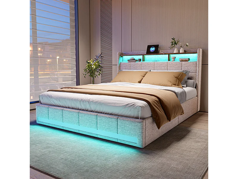 Lit Double 140x190, Lit Adulte avec Tiroirs - Idéal Petits Espaces - Tête de Lit Velours Teddy Doux et Ports USB - Lit Couple avec Sommier - Design Moderne Beige