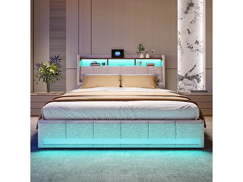 Lit Double 140x190, Lit Adulte avec Tiroirs - Idéal Petits Espaces - Tête de Lit Velours Teddy Doux et Ports USB - Lit Couple avec Sommier - Design Moderne Beige