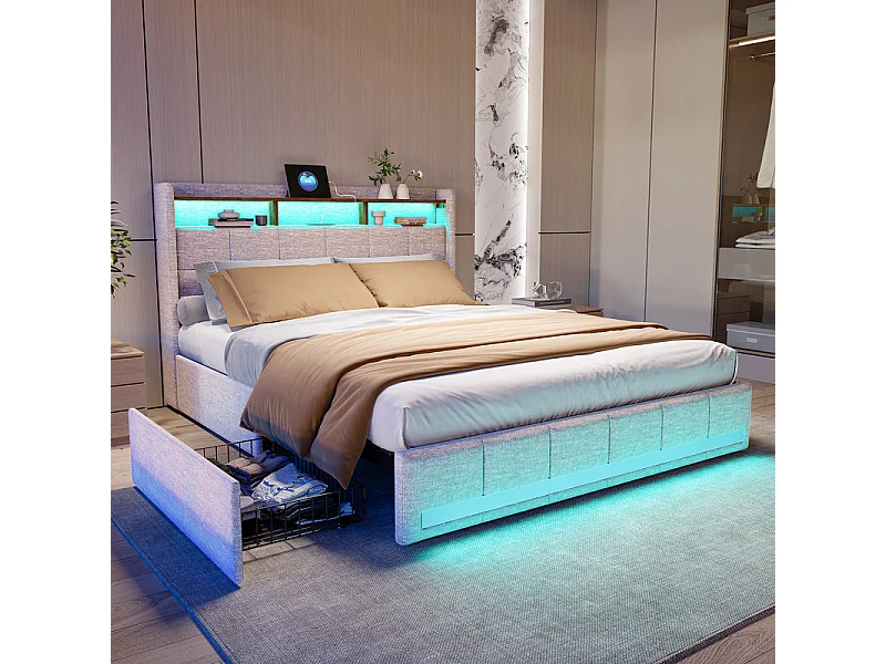 Lit Double 140x190, Lit Adulte avec Tiroirs - Idéal Petits Espaces - Tête de Lit Velours Teddy Doux et Ports USB - Lit Couple avec Sommier - Design Moderne Beige