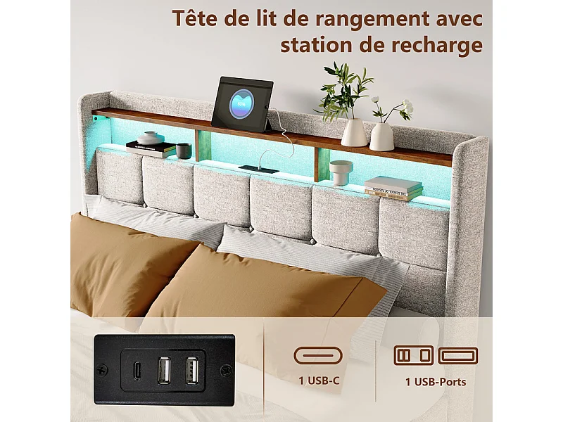Lit Double 140x190, Lit Adulte avec Tiroirs - Idéal Petits Espaces - Tête de Lit Velours Teddy Doux et Ports USB - Lit Couple avec Sommier - Design Moderne Beige