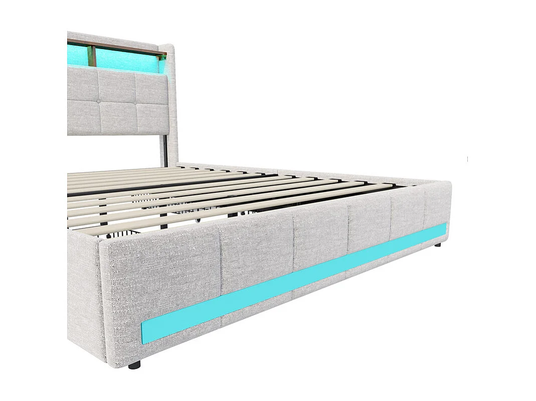 Lit Double 140x190, Lit Adulte avec Tiroirs - Idéal Petits Espaces - Tête de Lit Velours Teddy Doux et Ports USB - Lit Couple avec Sommier - Design Moderne Beige