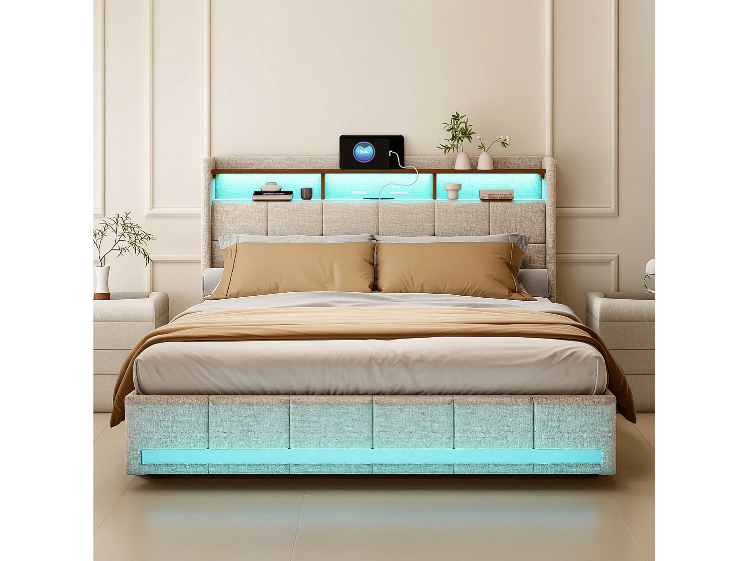 Dubbelsäng 160x200 cm med förvaringslådor, USB-laddningsstation, RGB LED - Beige Linne Tyg
