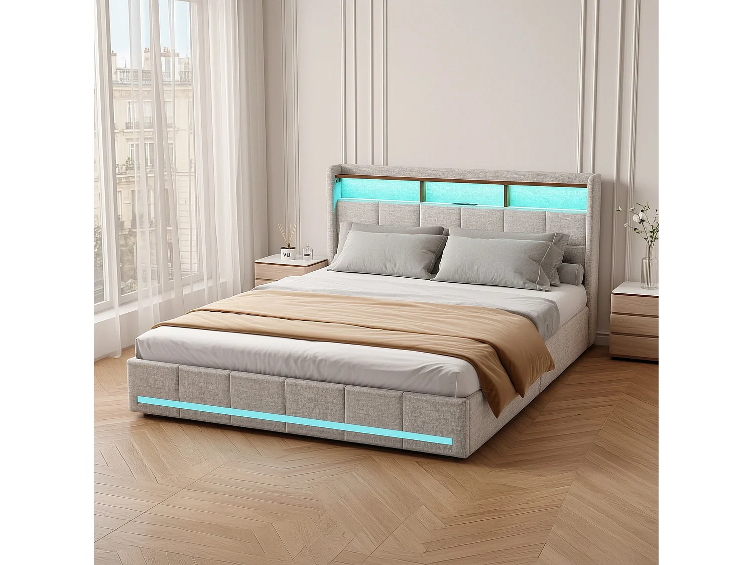 Dubbelsäng 160x200 cm med förvaringslådor, USB-laddningsstation, RGB LED - Beige Linne Tyg