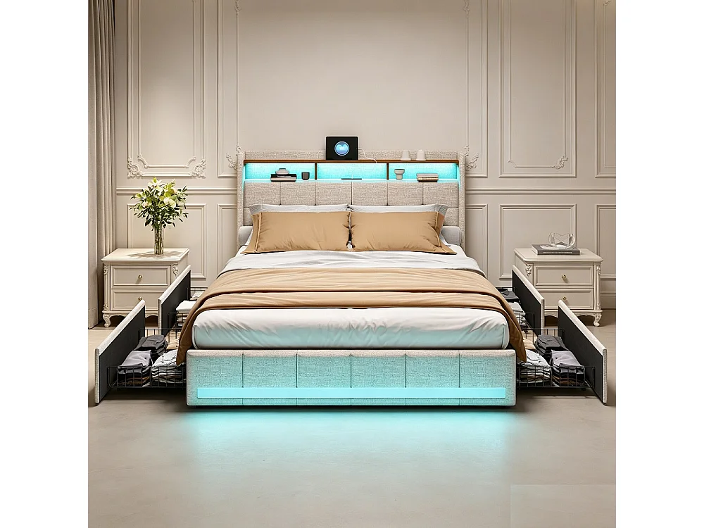 Tweepersoonsbed 160x200 cm met opberglades, USB-oplaadstation, RGB LED - Beige Linnen Stof