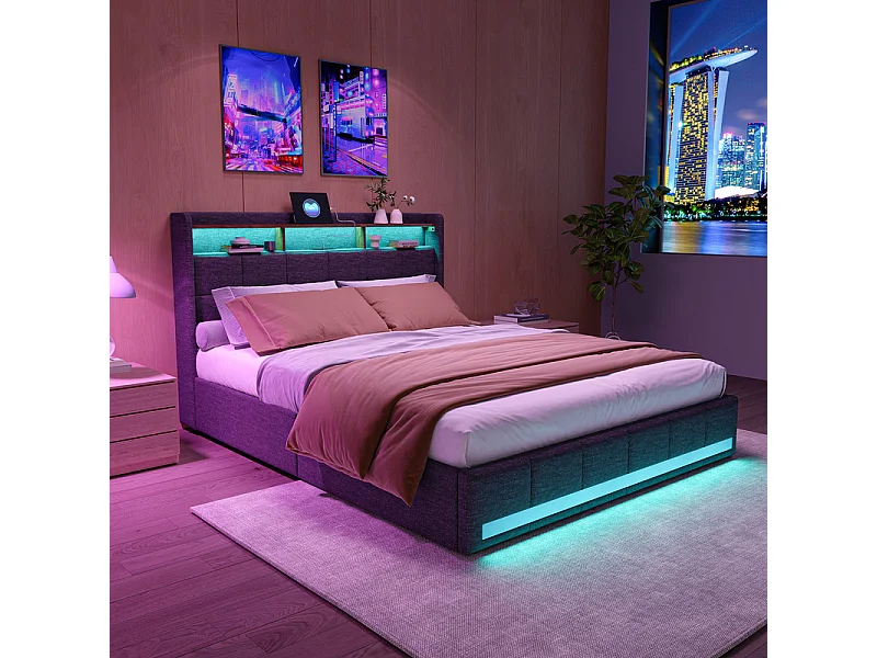 Lit double, lit avec tiroirs, lit avec rangement - 140x190cm - LED RGB, USB - Idéal petit espace - Tissu lin, design moderne - Couleur Gris
