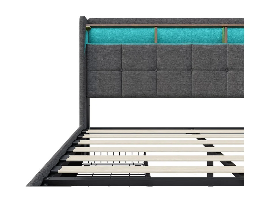 Lit double, lit avec tiroirs, lit avec rangement - 140x190cm - LED RGB, USB - Idéal petit espace - Tissu lin, design moderne - Couleur Gris