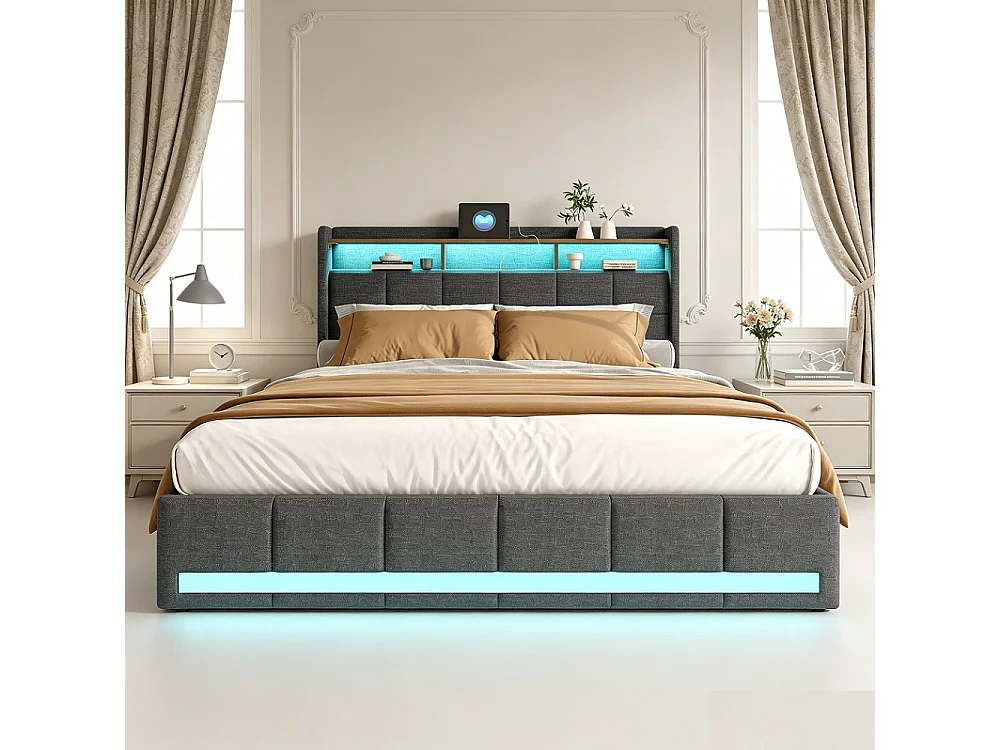 Lit double, lit avec tiroirs, lit avec rangement - 140x190cm - LED RGB, USB - Idéal petit espace - Tissu lin, design moderne - Couleur Gris