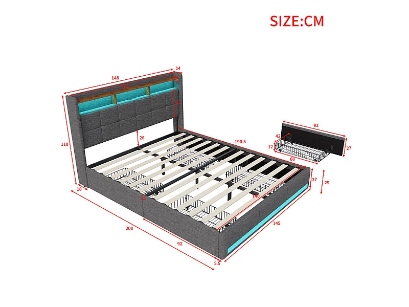 Lit double, lit avec tiroirs, lit avec rangement - 140x190cm - LED RGB, USB - Idéal petit espace - Tissu lin, design moderne - Couleur Gris