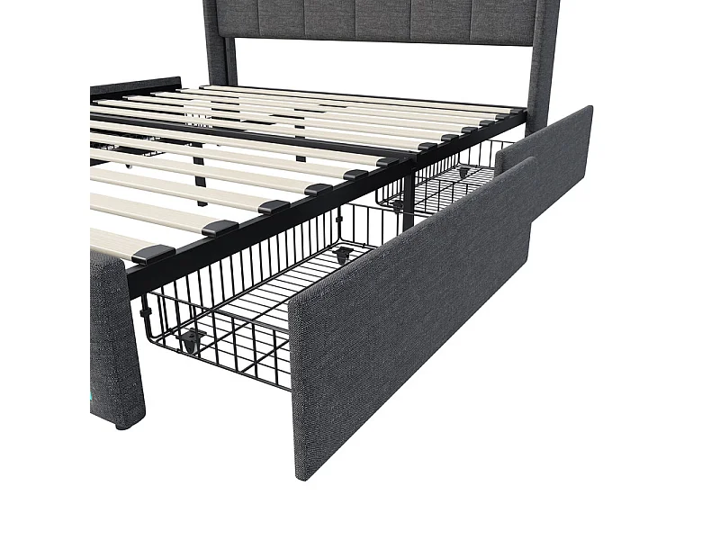 Lit double, lit avec tiroirs, lit avec rangement - 140x190cm - LED RGB, USB - Idéal petit espace - Tissu lin, design moderne - Couleur Gris