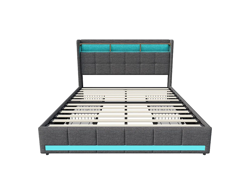 Lit double, lit avec tiroirs, lit avec rangement - 140x190cm - LED RGB, USB - Idéal petit espace - Tissu lin, design moderne - Couleur Gris