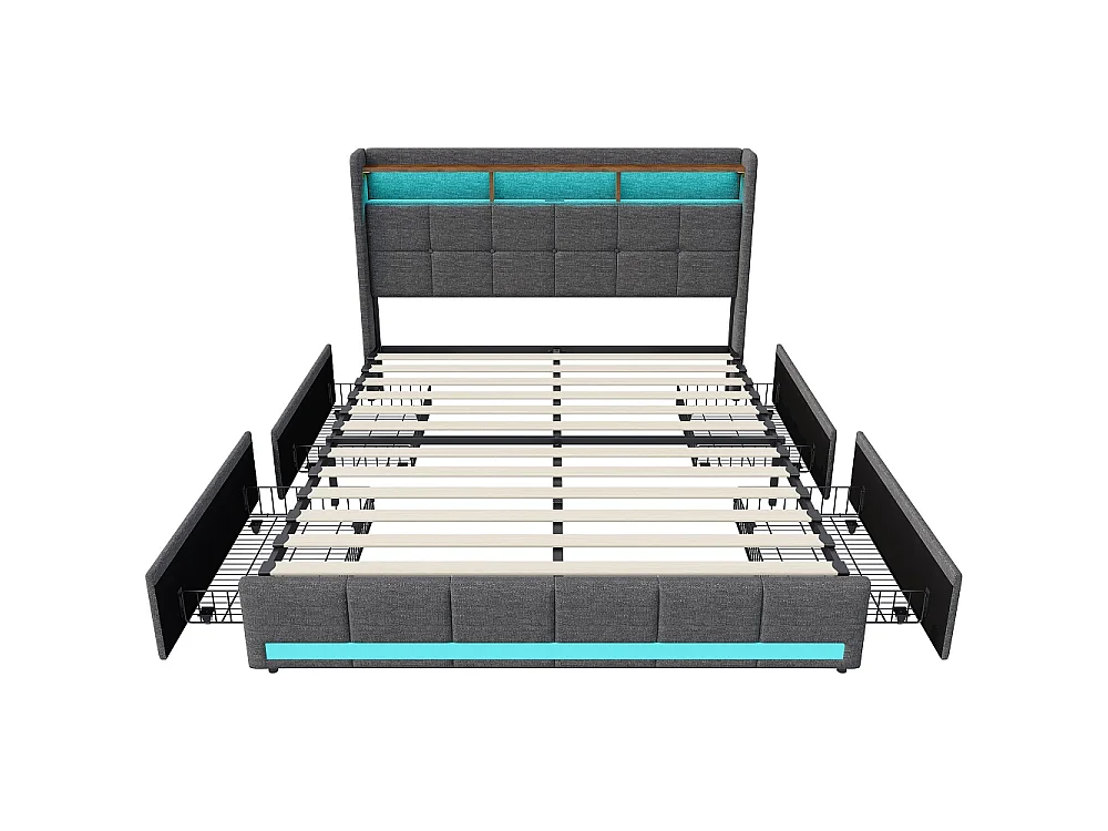 Lit double, lit avec tiroirs, lit avec rangement - 140x190cm - LED RGB, USB - Idéal petit espace - Tissu lin, design moderne - Couleur Gris