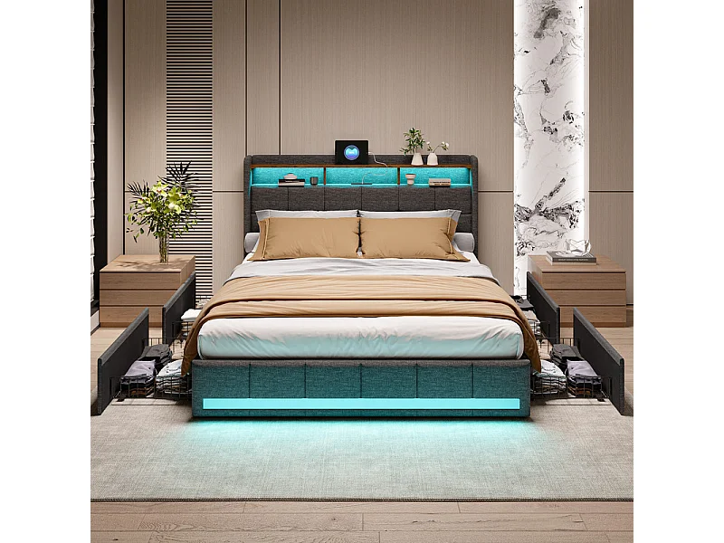 Lit double, lit avec tiroirs, lit avec rangement - 140x190cm - LED RGB, USB - Idéal petit espace - Tissu lin, design moderne - Couleur Gris