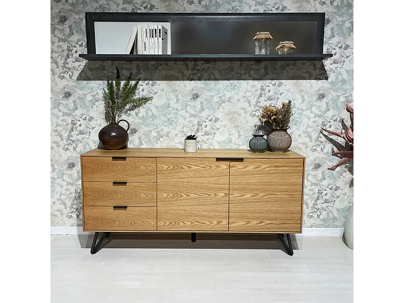 Buffet 165 cm 2 portes 3 tiroirs placage bois pieds métal – ONYX 2