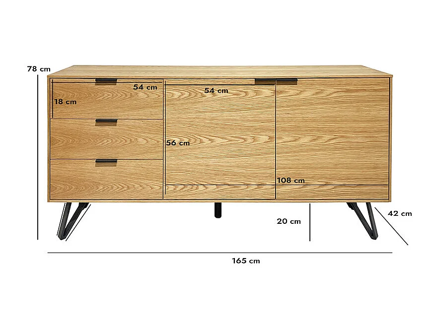 Buffet 165 cm 2 portes 3 tiroirs placage bois pieds métal – ONYX 2