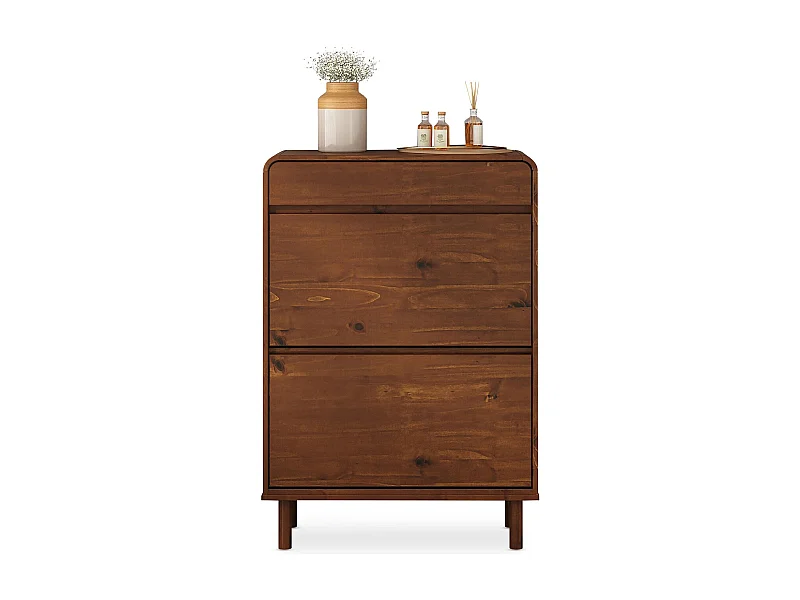 Meuble à Chaussures NAEL avec 2 Abattants et 1 Tiroir, en Bois Massif Coloris Châtaignier, Pour 12 à 14 Paires