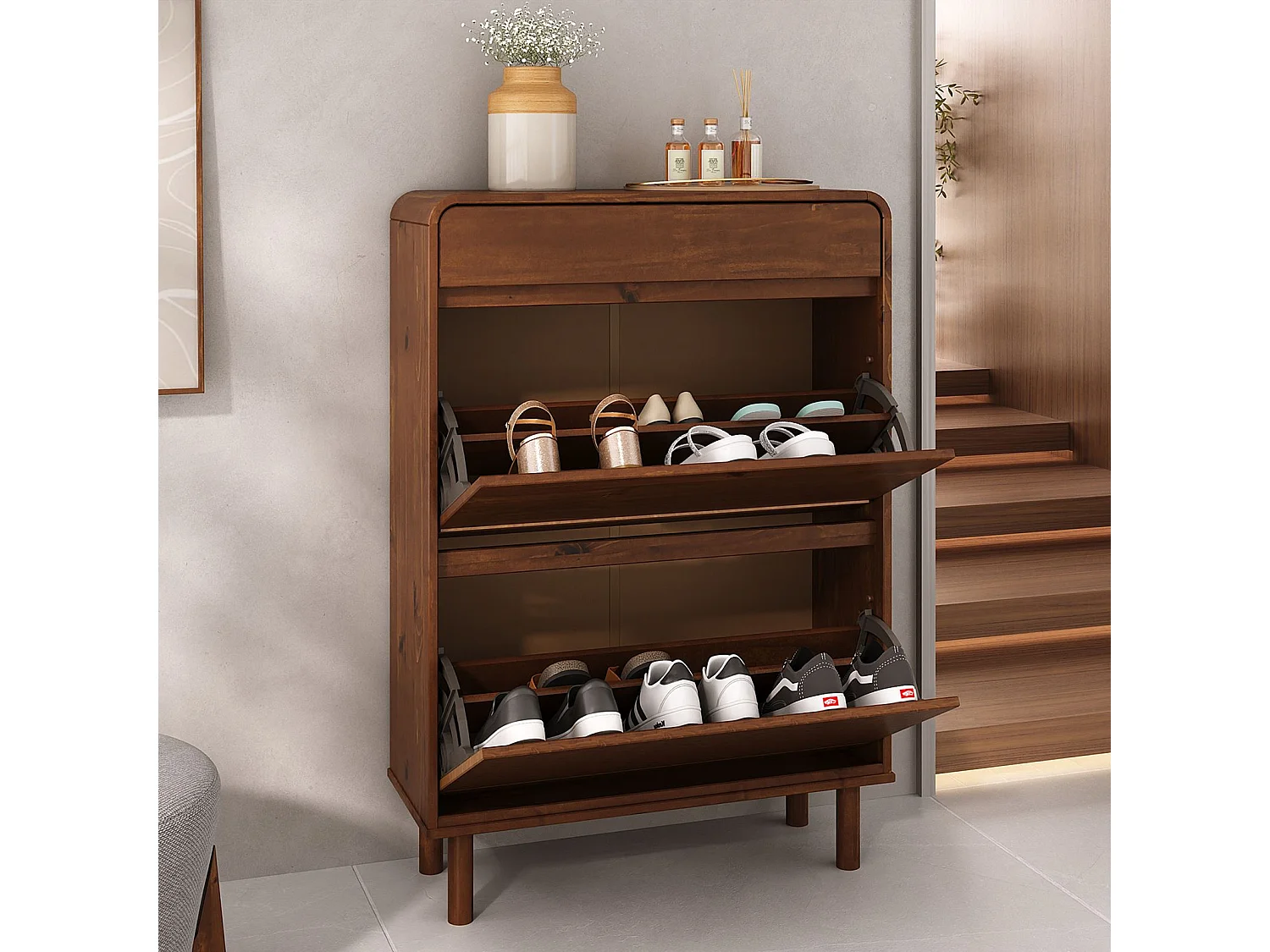 Meuble à Chaussures NAEL avec 2 Abattants et 1 Tiroir, en Bois Massif Coloris Châtaignier, Pour 12 à 14 Paires