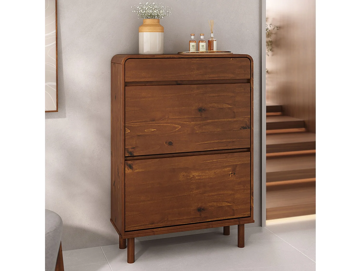 Meuble à Chaussures NAEL avec 2 Abattants et 1 Tiroir, en Bois Massif Coloris Châtaignier, Pour 12 à 14 Paires