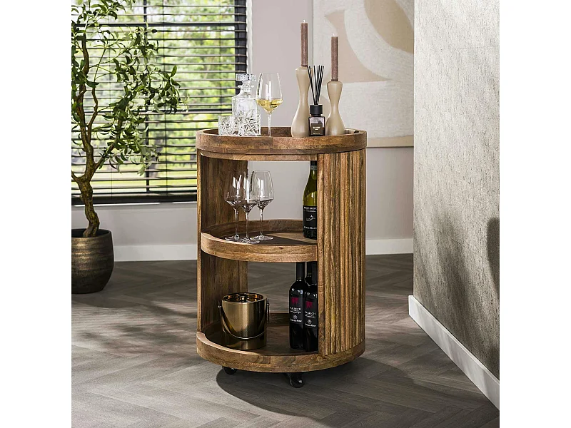 Meuble bar sur roulettes en bois de manguier strié CREEK