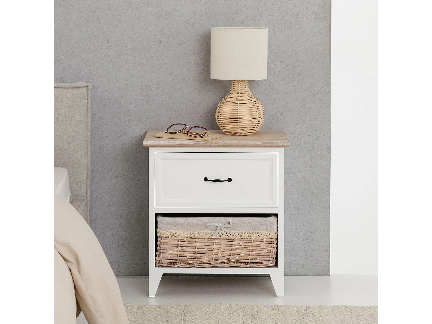 Table de chevet PROVENCE H 46 cm en bois coloris blanc rangement 1 tiroir et 1 panier étagère style shabby chic