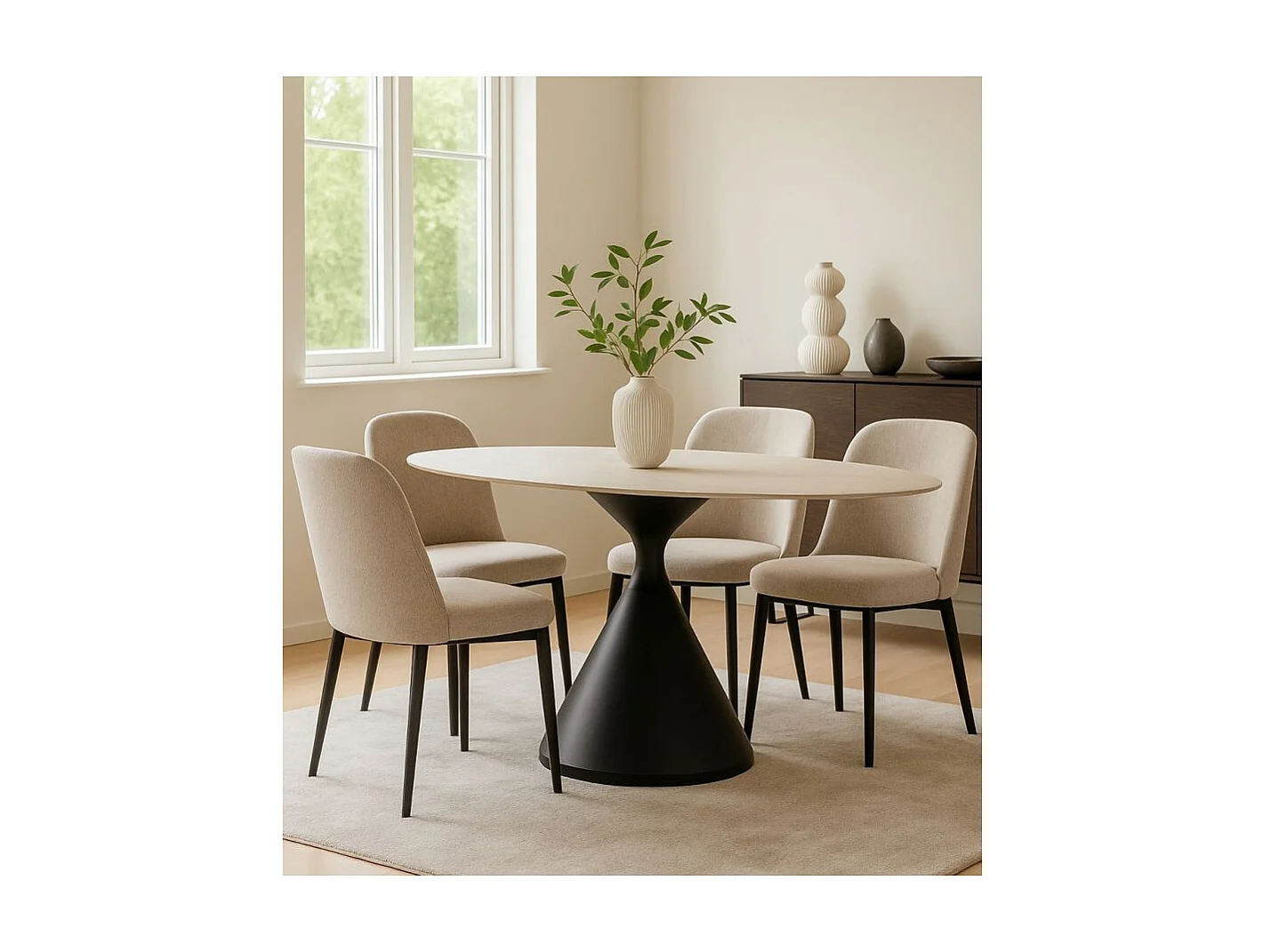 Crème en zwart houten en metalen eettafel