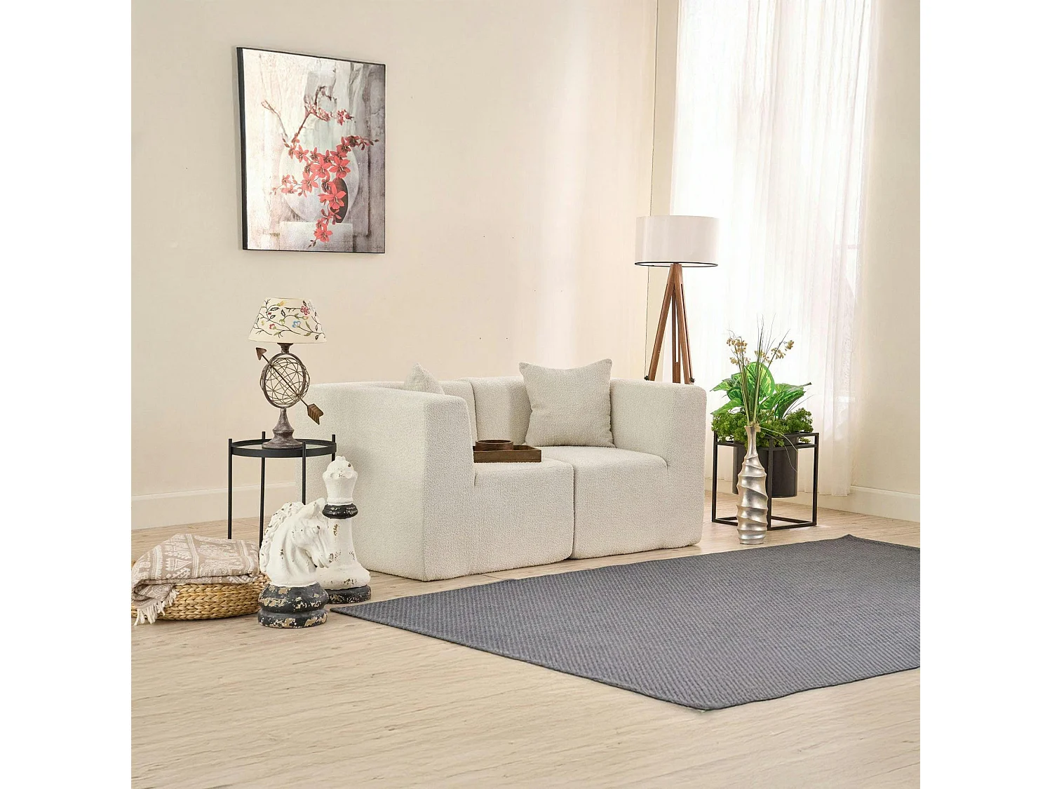 Canapé 2 places compact blanc tissu chenille PLOVIA