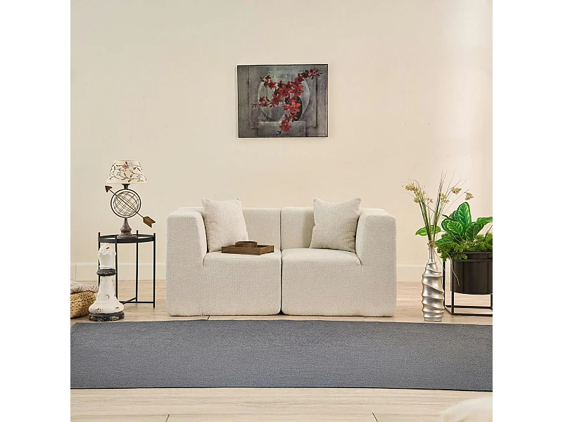 Canapé 2 places compact blanc tissu chenille PLOVIA