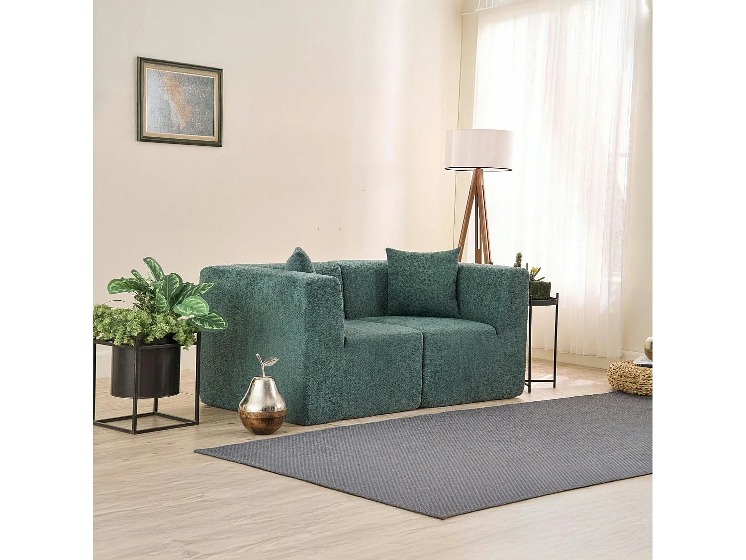 Canapé 2 places compact vert tissu chenille PLOVIA