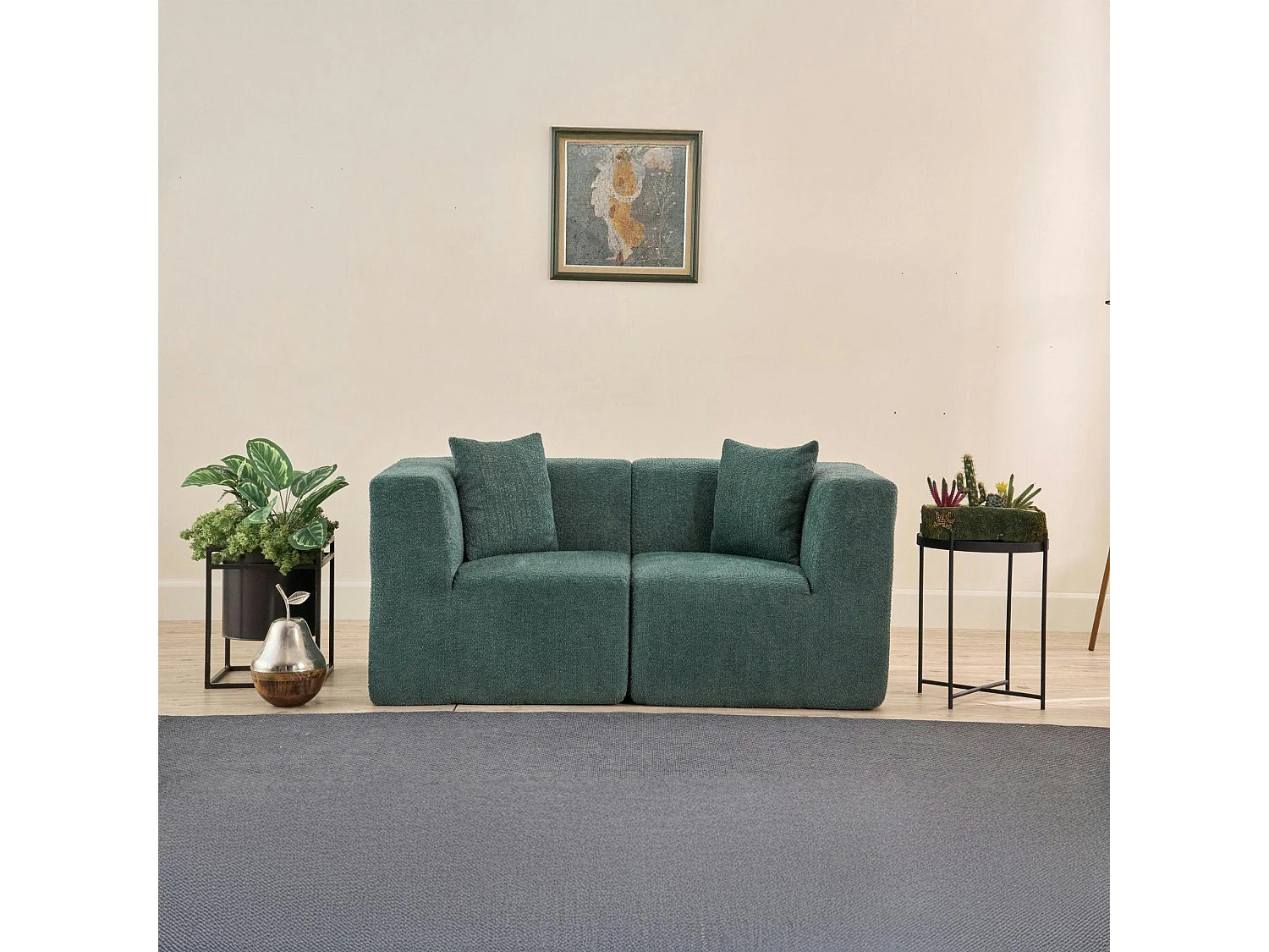 Canapé 2 places compact vert tissu chenille PLOVIA