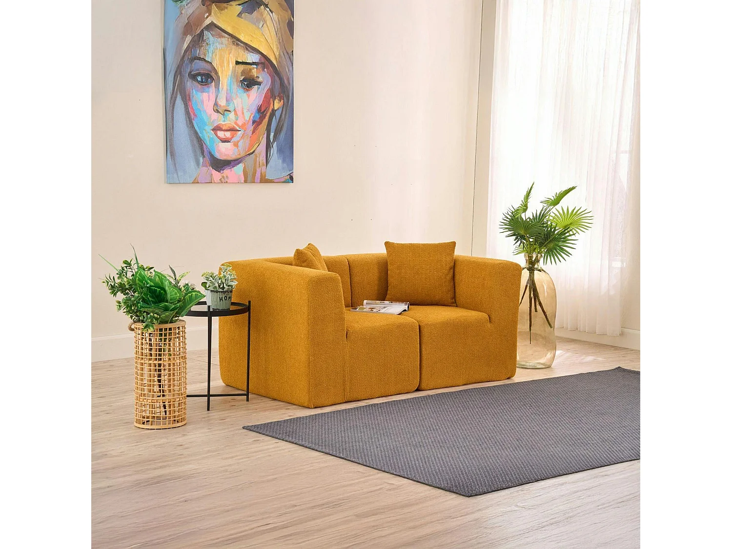 Canapé 2 places compact moutarde tissu chenille PLOVIA