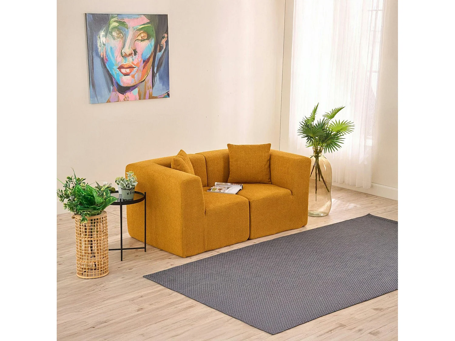 Canapé 2 places compact moutarde tissu chenille PLOVIA