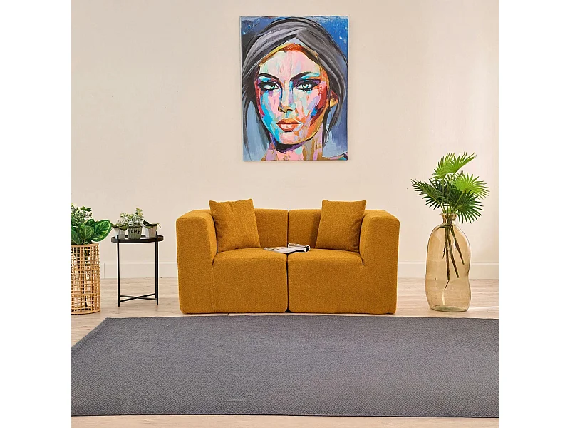 Canapé 2 places compact moutarde tissu chenille PLOVIA